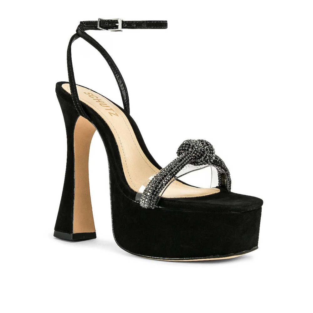 NIB Schutz Peaky Revolve Platform Rhinestone Sandal in Transparente & Black 8